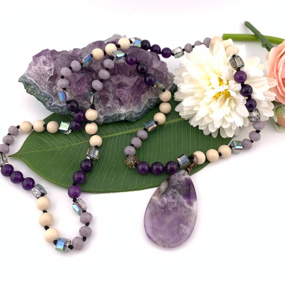 Amethyst Stone Teardrop Stone & Glass Beads Long Necklace Boho J890 - Picture 3 of 10